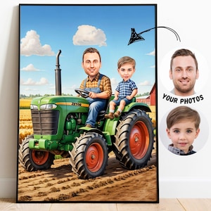 Ojciec i syn Farmer Portret Spersonalizowany Traktor Karykatura Niepowtarzalny Prezent dla Rolników Zabawna Rodzinna Sztuka Ścienna do Życia Na Wsi