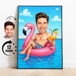 Custom Cartoon Beach Body Swap Portrait - Personalized Digital Caricature with Fun Pool Float Background - Unique Summer Gift Download