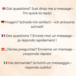 May include: A digital graphic featuring text in five languages, each preceded by a national flag icon. The text reads: Got questions? Just drop me a message &ndash; I&rsquo;m quick to reply! Fragen? Schreib mir einfach &ndash; ich antworte schnell! Des questions ? Envoie-moi un message &ndash; je r&eacute;ponds rapidement ! &iquest;Tienes preguntas? Env&iacute;ame un mensaje &ndash; &iexcl;respondo r&aacute;pido! Hai domande? Scrivimi un messaggio &ndash; rispondo subito!