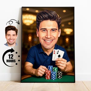 Cadeau pour joueur de poker, caricature personnalisée de joueur à partir d'une photo, portrait drôle de requin de carte de casino, dessin personnalisé de dessin animé de Texas Hold'em
