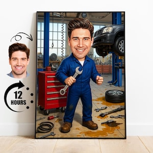 Karykatura mechanika samochodowego Rysunek ze zdjęcia, zabawny prezent dla mechanika dla mężczyzn, prezent na emeryturę dla mechanika, kreskówka mechanika, sztuka ścienna do garażu