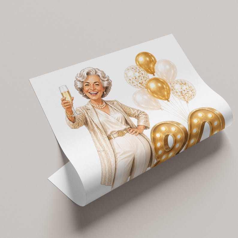 May include: A print featuring an older individual with silver hair wearing a cream-colored blazer and trousers, holding a champagne flute. The illustration includes a cluster of gold and white balloons and large, illuminated marquee-style numbers.