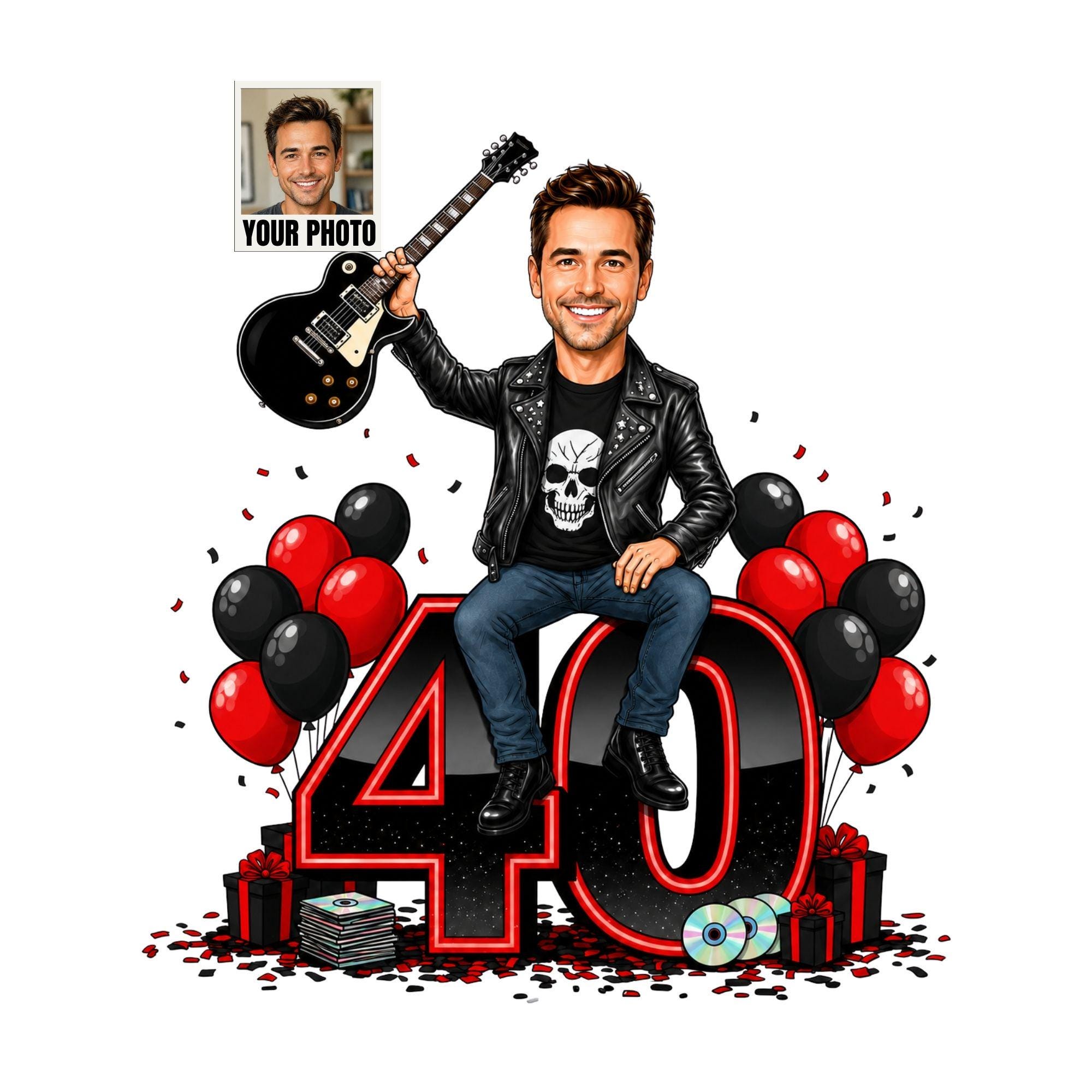 40th Birthday Rocker Cartoon Portrait for Him from photo