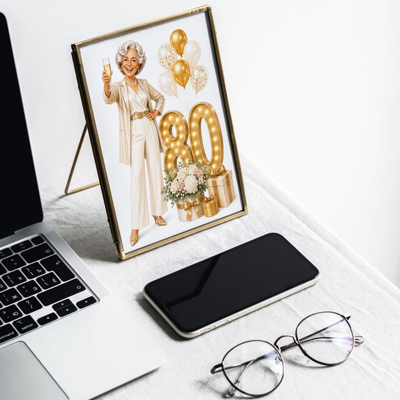 May include: A framed print featuring an illustration of a smiling person with silver hair wearing a cream-colored outfit and holding a champagne glass. Next to them are gold balloons, a large illuminated number 80, and gift boxes with flowers.
