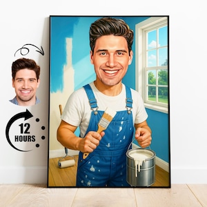 Cadeau pour peintre en bâtiment, caricature de peinture sur mesure à partir d'une photo, portrait drôle de rénovation de maison, dessin personnalisé de dessin animé de peintre