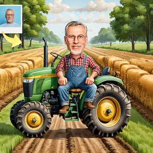 Custom farmer caricature from photo with man driving a green tractor in a field