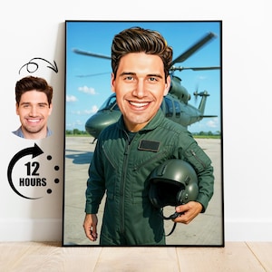 Geschenk für Hubschrauberpiloten, benutzerdefinierte Pilotenkarikatur vom Foto, lustiges Luftfahrtporträt, personalisierte Militär- oder Flugbesatzungs-Karikaturkunst