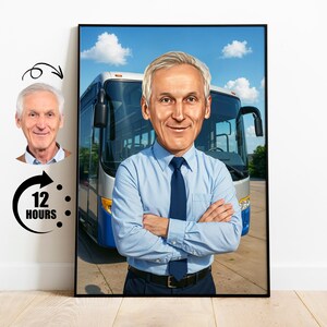 Regalo para conductor de autobús, caricatura personalizada de conductor de autobús a partir de una foto, retrato divertido de conductor de autobús, dibujo personalizado de conductor de autobús