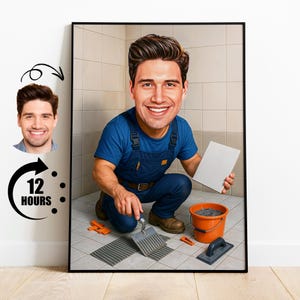 Presente para instalador de ladrilhos, caricatura personalizada de instalador de ladrilhos a partir de foto, retrato engraçado de empreiteiro, desenho de ladrilho personalizado