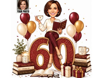 60th Birthday Book Lover Cartoon Portrait for Her, Custom Reading Caricature from Photo, Funny Bookish Gift, Birthday Card