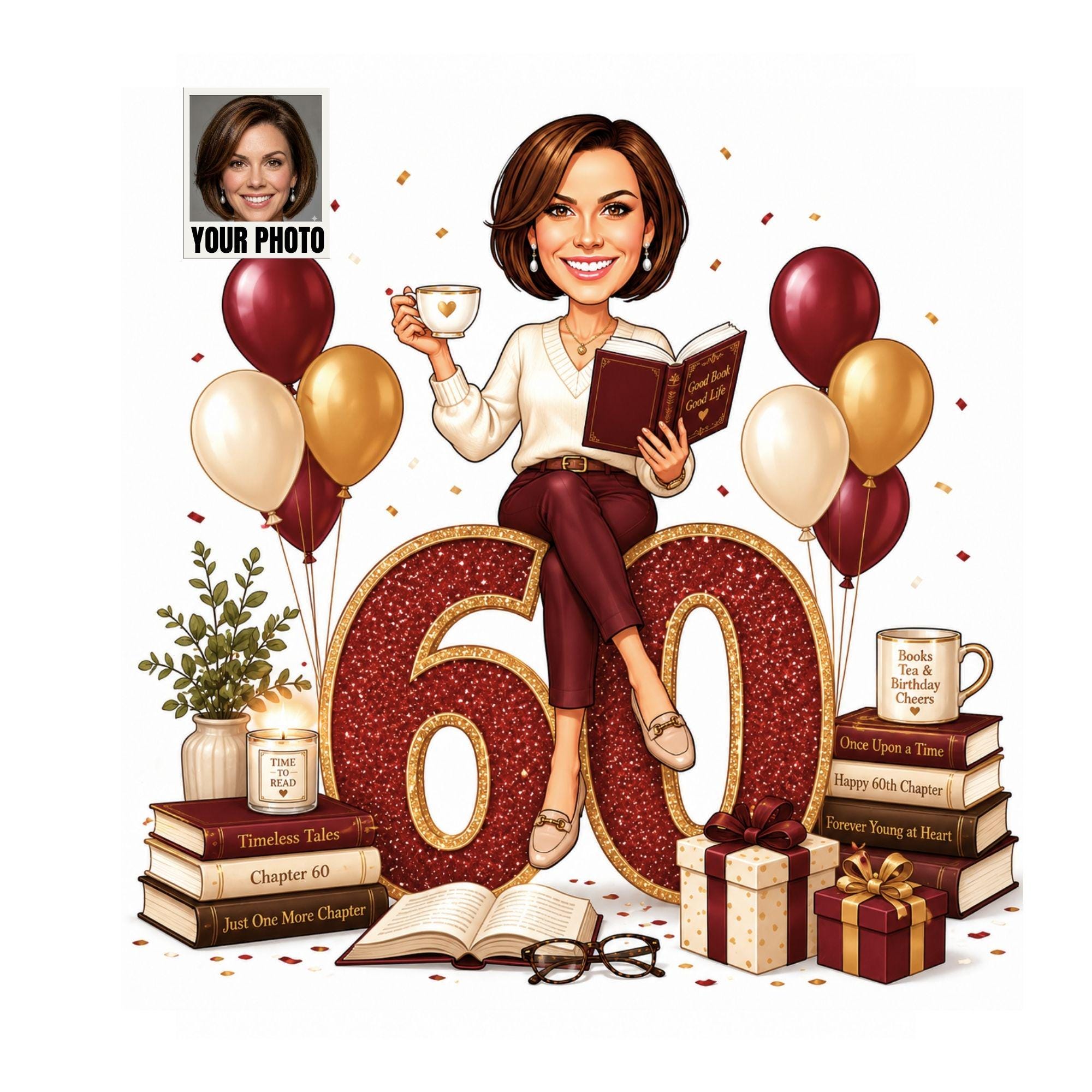 60th Birthday Book Lover Cartoon Portrait for Her from photo