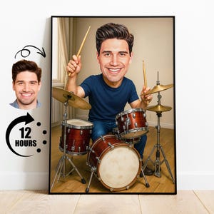 Regalo para baterista, caricatura de baterista personalizada a partir de una foto, retrato divertido de músico, dibujo personalizado de batería