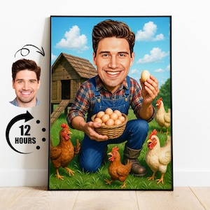 Gift for Egg Farmer, Custom Chicken Coop Caricature from Photo, Funny Farm Portrait, Personalized Farmer Cartoon Drawing