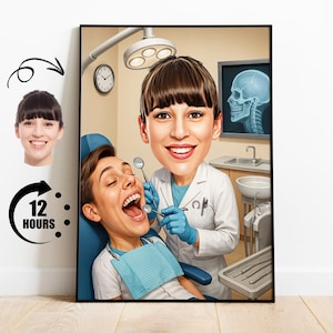 Regalo para dentista, caricatura dental personalizada a partir de una foto, retrato divertido de dentista, arte de clínica dental de dibujos animados personalizado