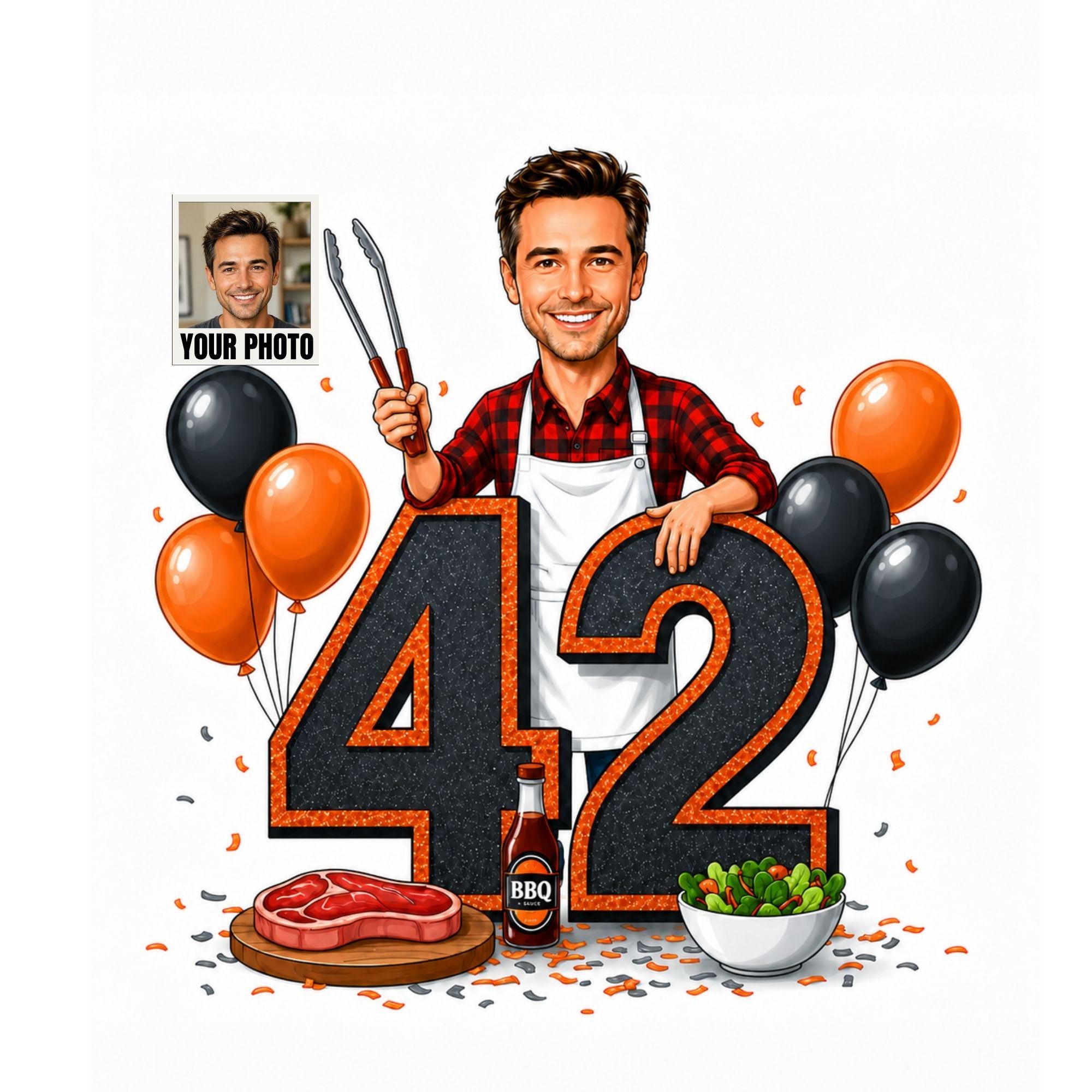 42nd Birthday BBQ Cartoon Portrait for Him from photo