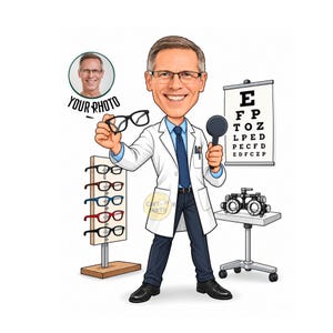 Könnte beinhalten: Eine Cartoon-Karikatur eines Optikers in weißem Laborkittel, blauer Krawatte und dunkler Hose. Die Figur hält eine schwarze Brille und ein Handgerät, neben einer Sehtafel, einem Brillenständer mit fünf Brillenpaaren und einem Phoropter.