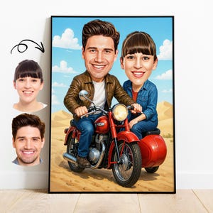 Anniversary Gift Caricature Couple Portrait Custom Digital Illustration Motorcycle Art Unique Gift for Husband Wife Funny Personalized Gift