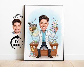 Pharmacist Cartoon Portrait, Gift for Pharmacist, Personalized Pharmacist Caricature from Photo, Custom Pharmacist Cartoon