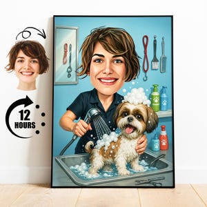 Gift for Dog Groomer, Custom Pet Grooming Caricature from Photo, Funny Groomer Portrait, Personalized Pet Spa Cartoon Art