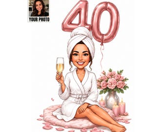 Custom 40th Birthday Card for Her, Funny 40th Birthday Caricature from Photo, Personalised 40th Birthday Gift for Women, Spa Day Card
