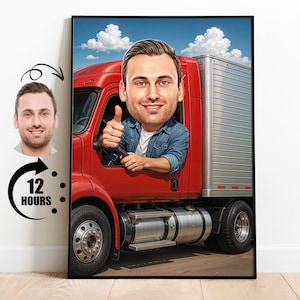 Aangepast cadeau karikatuur vrachtwagenchauffeur: gepersonaliseerd portret vrachtwagenchauffeur (digitaal)