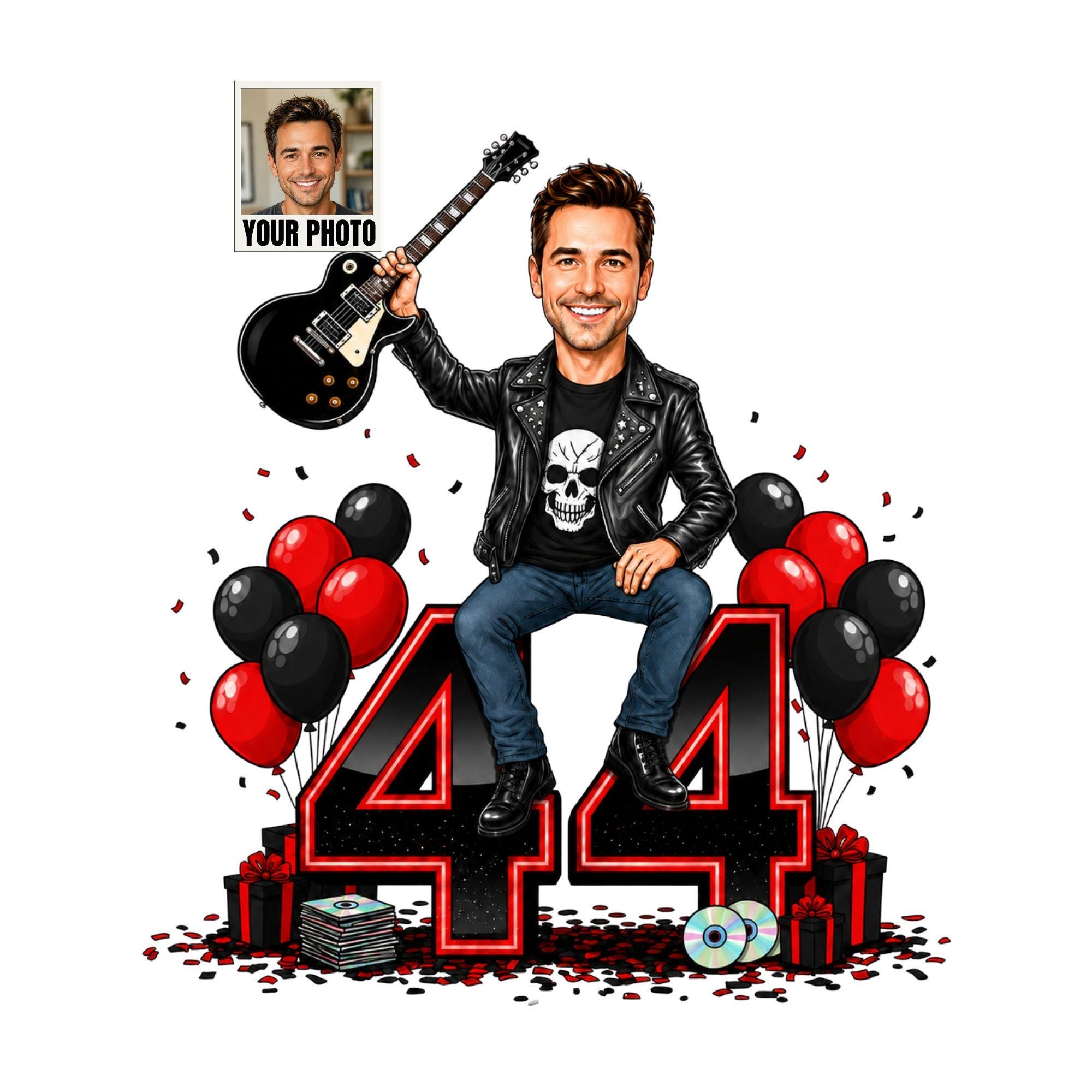 44th Birthday Rocker Cartoon Portrait for Him from photo