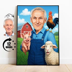 Farmer Caricature Portrait Personalized Digital Illustration Funny Farm Animal Gift Custom Cartoon Art Unique Birthday Gift Idea for Farmer