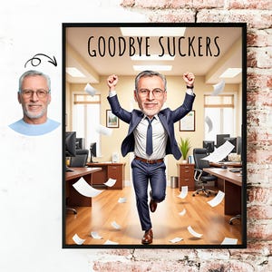 Caricature de cadeau de retraite en téléchargement numérique | Cadeau d'adieu drôle de bureau | Carte de retraite des textes personnalisée | Cadre d'art mural imprimable
