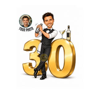 May include: A cartoon illustration of a bartender wearing a white shirt, black waistcoat, and bowtie, holding a cocktail shaker. The figure leans against large gold numbers 30, with a martini glass and a bottle nearby. Includes a photo reference circle.