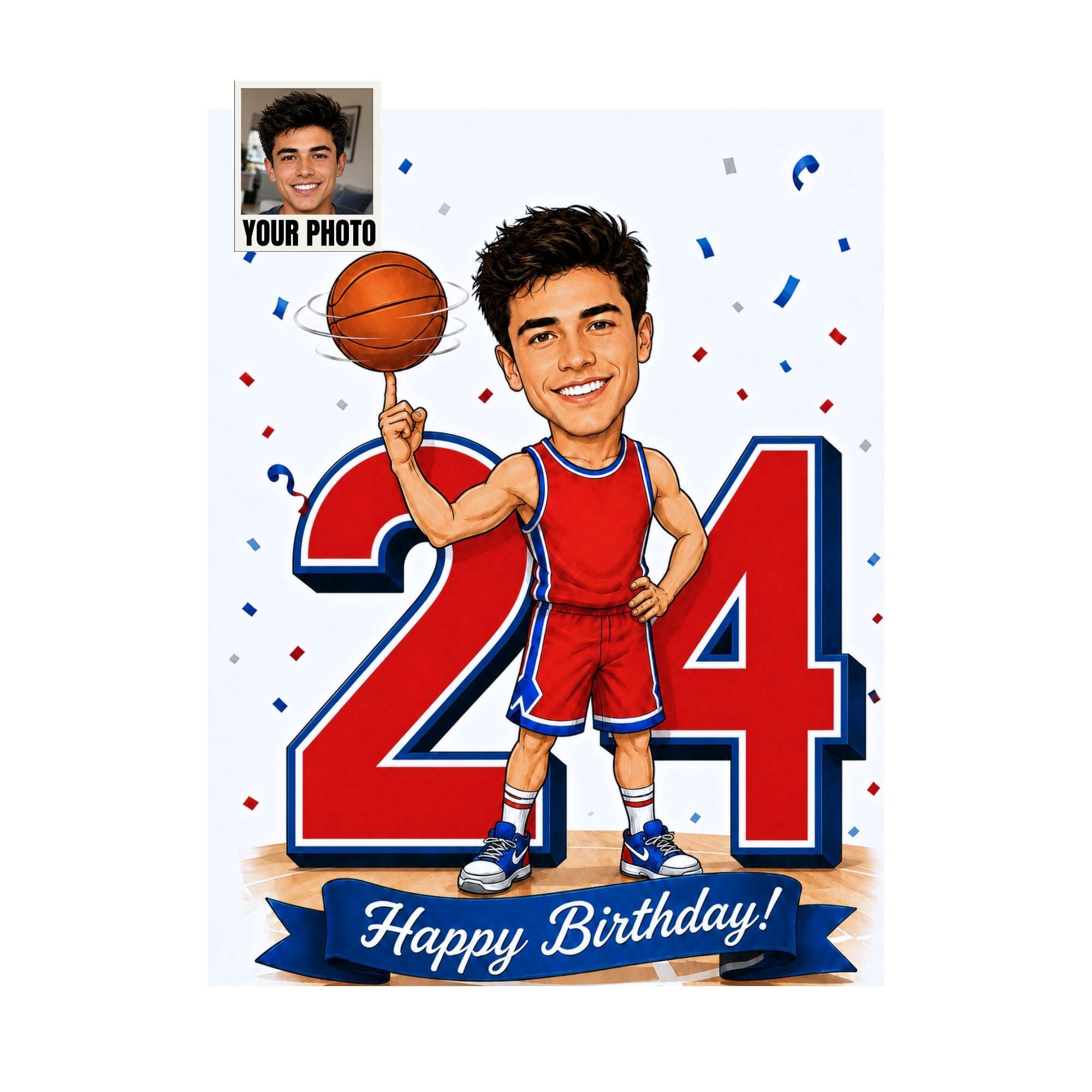 24th Birthday Basketball Cartoon Portrait for Him from photo