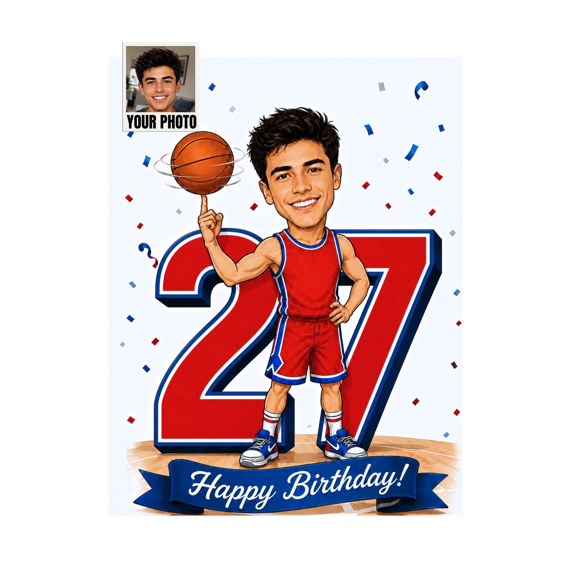 27th Birthday Basketball Cartoon Portrait for Him from photo
