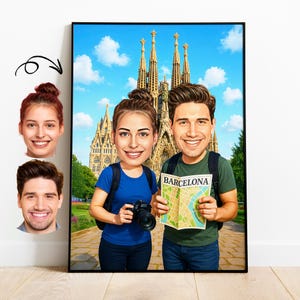 Caricatura de pareja en Barcelona, dibujo animado de la Sagrada Familia a partir de una foto, regalo para viajeros en España, divertido retrato digital de luna de miel.