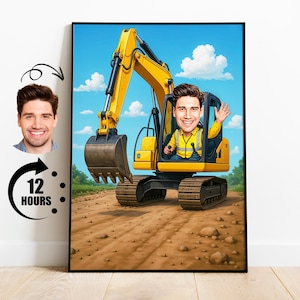 Baggerfahrer Karikatur vom Foto, kundenspezifisches Bauarbeiter-Karikatur-Porträt, personalisiertes Geschenk für Baggerführer oder Bauherren