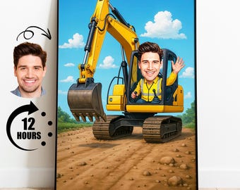 Retrato de excavadora personalizado, caricatura de excavadora, regalo para conductor de excavadora, excavadora personalizada, caricatura de conductor de excavadora a partir de una foto
