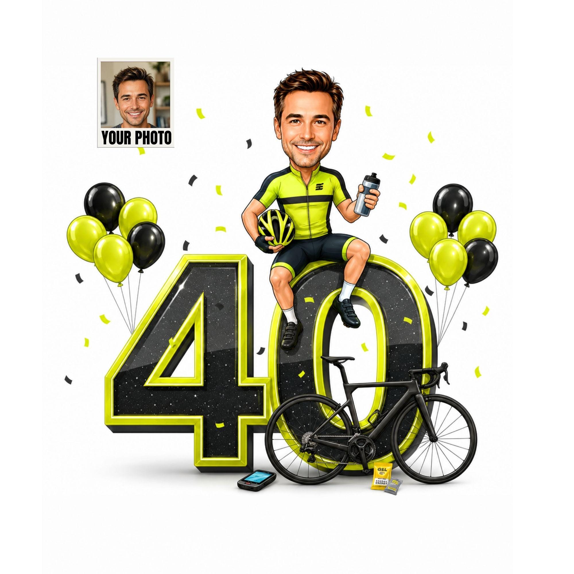 40th Birthday Cyclist Cartoon Portrait for Him from photo