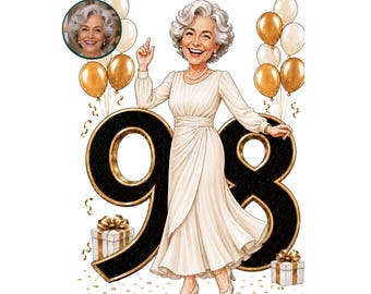 98th Birthday Caricature for Woman,  98th Birthday Card, 98th Birthday Woman Cartoon Portrait, 98th Birthday Gift for Her, 98th Portrait