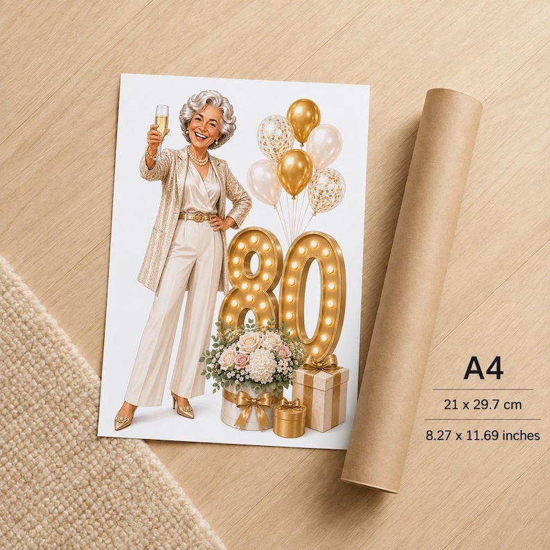 May include: A rectangular A4 print measuring 8.27 by 11.69 inches featuring an illustration of a person with gray hair in a gold suit holding a champagne glass, next to gold balloons, a light-up number 80, and a floral arrangement in a gift box.