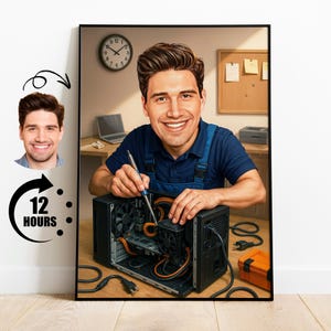 Gift for Computer Technician, Custom PC Repair Caricature from Photo, Funny IT Guy Cartoon Portrait, Personalized Geek Tech Art