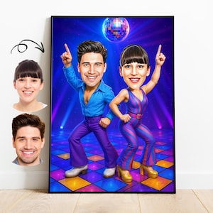 パーソナライズされたディスコカップルの似顔絵：70年代の面白いダンスギフト（デジタルダウンロード）