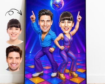 Disco Couple Cartoon Portrait,Disco Couple Caricature, Gift for Couple, Disco Couple Birthday Card,Custom Caricature, Disco Couple Portrait