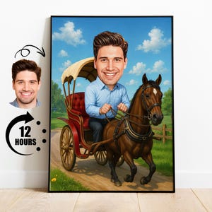 Ritratto di caricatura di un cocchiere di carrozza personalizzato, divertente regalo a tema cavallo e carrozza, decorazione da parete personalizzata per lui.