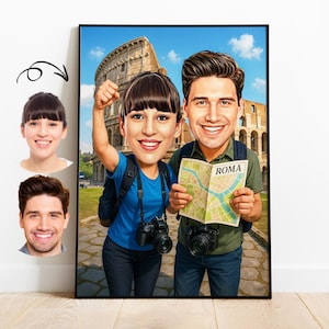 Geschenk für Reisende, Touristenpaar-Karikatur vom Foto, Italien-Urlaubskarikatur-Porträt, Rom-Kolosseum personalisiertes Geschenk für Reisende