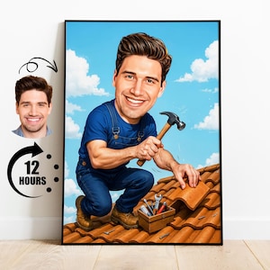 Caricature personnalisée de couvreur à partir d'une photo, cadeau portrait drôle de travailleur de la construction, dessin animé anniversaire ou retraite de bricoleur, téléchargement numérique art