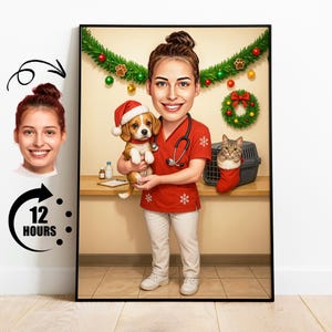 Custom Veterinarian Gift from Photo, Funny Vet Christmas Caricature, Personalized Animal Lover Portrait, Vet Clinic Christmas Wall