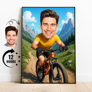 Prezent dla rowerzysty górskiego, spersonalizowana karykatura rowerzysty górskiego ze zdjęcia, zabawny portret rowerzysty górskiego, spersonalizowana kreskówka rowerzysty górskiego