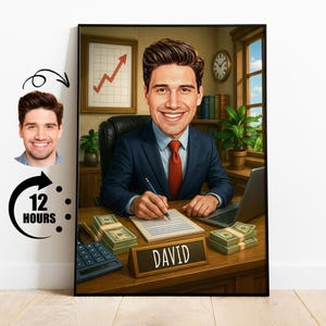 Caricatura de asesor financiero, retrato personalizado de administrador de dinero, caricatura divertida de contable, regalo para asesor financiero, decoración de oficina para hombres