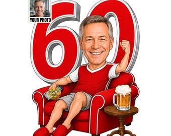 60th Birthday Card for Football Fan, Personalised Football Fan Cartoon Portrait, Custom 60th Birthday Caricature Drawing from Photo