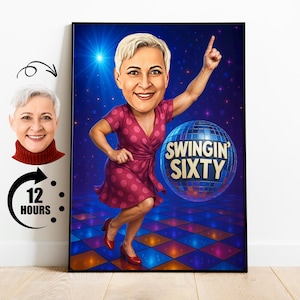 Presente engraçado de aniversário de 60 anos para ela, caricatura personalizada, retrato de desenho animado Swingin Sixty, arte de parede para festa disco, presente para mãe, avó ou amiga