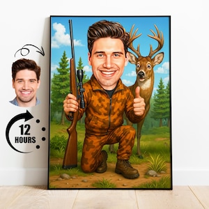 Cadeau pour chasseur, caricature personnalisée de chasseur de chevreuil à partir d'une photo, portrait de chasse drôle, art de dessin animé personnalisé de chasseur