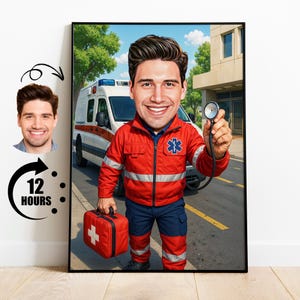 Regalo para paramédico, caricatura de paramédico personalizada a partir de una foto, retrato divertido de un paramédico, dibujo de ambulancia personalizado